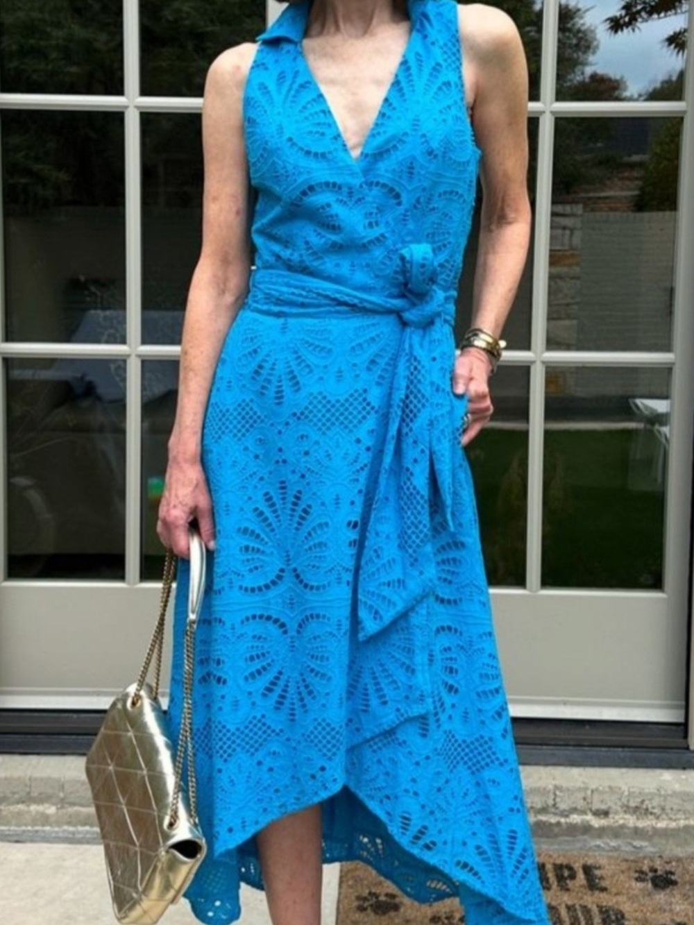 New Boston Proper Turquoise Blue Eyelet High-Low Wrap Dress Size 0